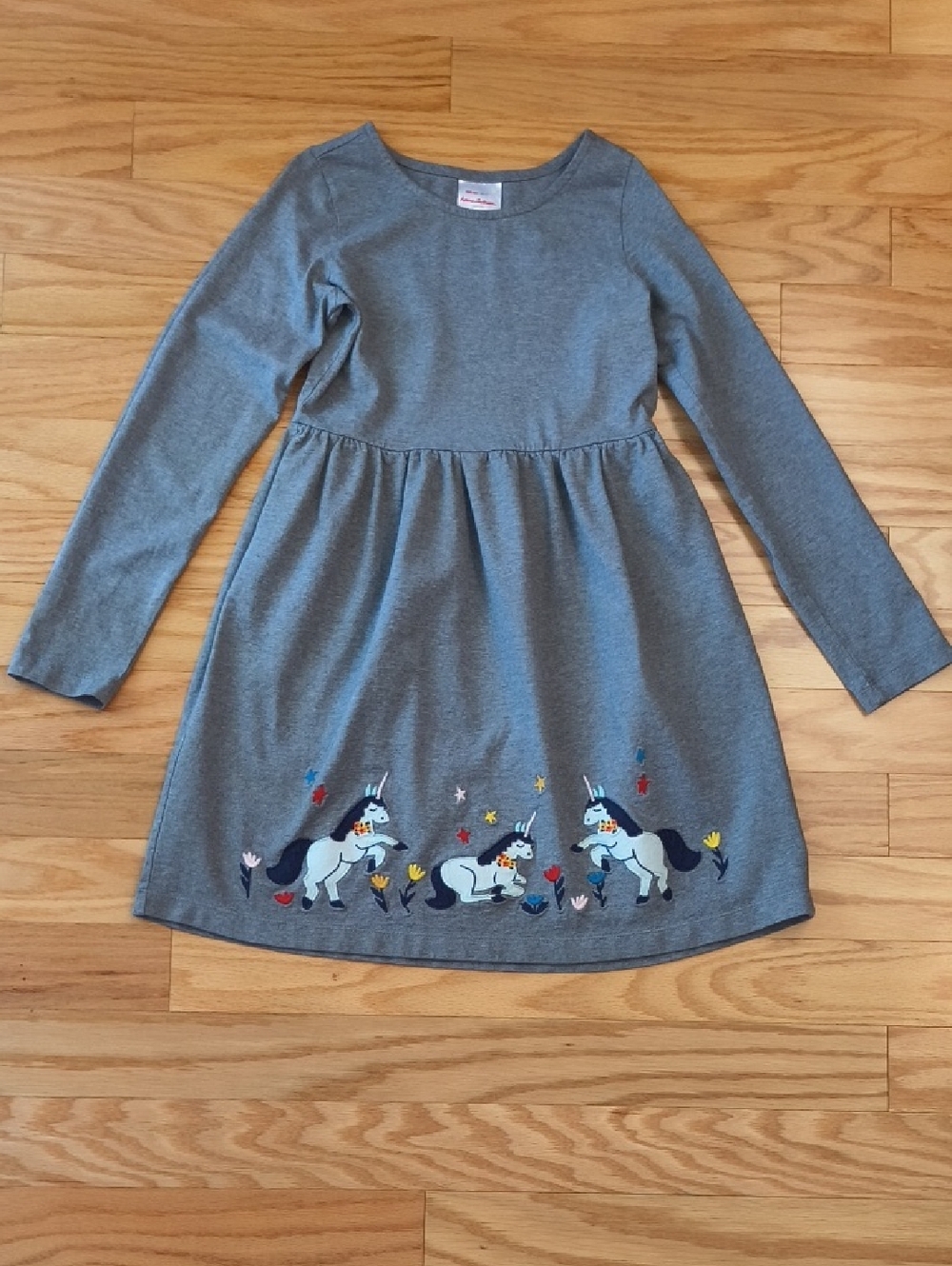 Hanna Andersson Gray Long-Sleeve Unicorn Embroidered Dress Size 12 GU